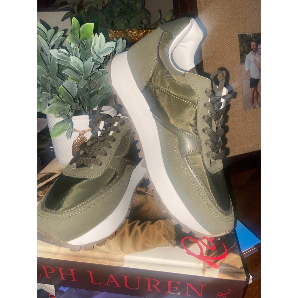 Olive‎ Green Size 7 Satin and Suede Sneakers Clean Girl Chic Urban Minimalist